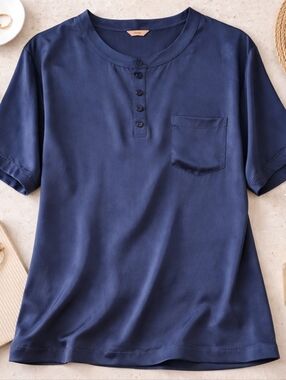 Eberjey Navy Silk Feel Henley Blouse Pocket Relaxed  Fit Approx M (No Size Tag)